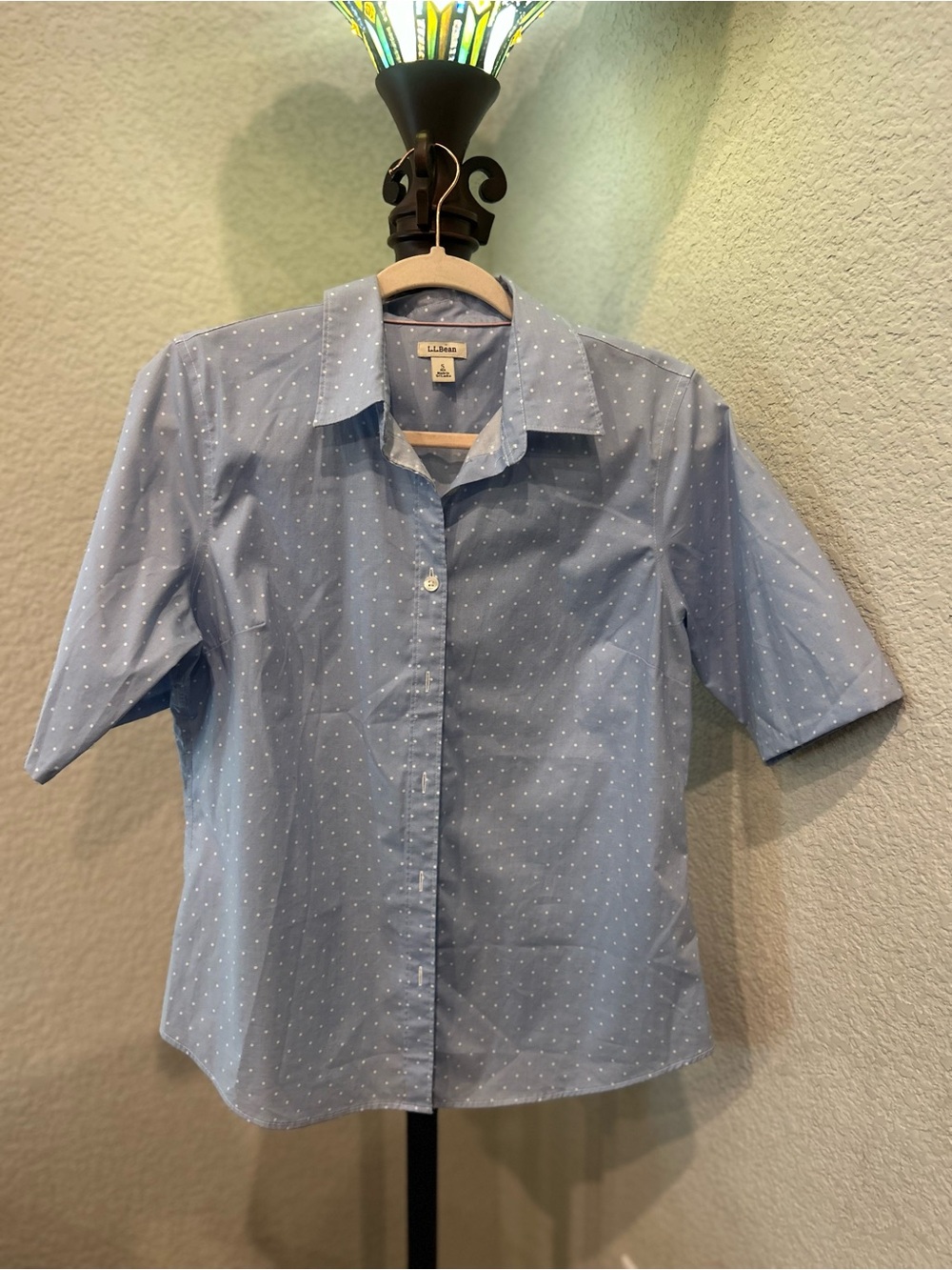 L.L. Bean Light Blue Polka Dot Short Sleeve Button-Up